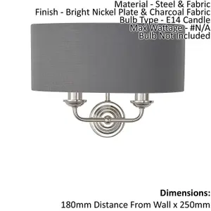 Wall Light - Bright Nickel Plate & Charcoal Fabric - 2 x 40W E14 - Dimmable