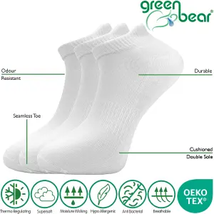 Green Bear Unisex Bamboo WHITE  Trainer Sports Socks: Size 6-8 - Cushioned Sole - Soft Antibacterial - 3 Pack