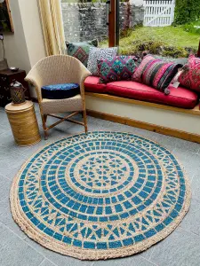 MANDALA Pattern Round Turquoise Rug Jute with Block Print / 150 cm Diameter