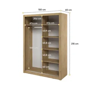 Elegant Oak Shetland Lux 18 Sliding Door Wardrobe H2150mm W1500mm D600mm with Mirrored Panels