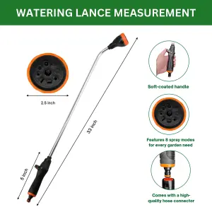 8-Function Watering Lance 83cm - Long Reach, Multi Jet Nozzle Lawn, Garden, Car Wash & Hanging Baskets - Includes Hose Connector