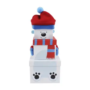 Eurowrap Plush Polar Bear Christmas Gift Boxes (Pack of 3) White/Blue/Red (L)