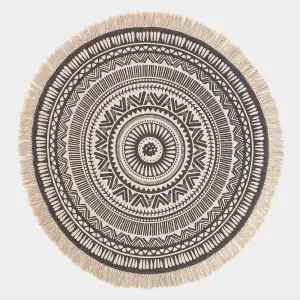 Homescapes Black & White 100% Cotton Mandala Printed Round Rug