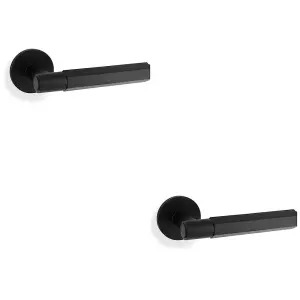 2 PACK - SOLID BRASS Hex Door Handle Set - Matt Black Industrial Lever Round Rose