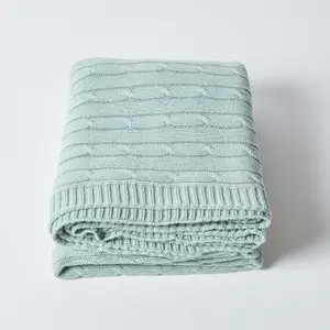 Homescapes Cotton Cable Knit Throw Duck Egg Blue, 130 x 170 cm