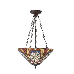 Luminosa Hector 3 Light Medium Inverted Ceiling Pendant Bronze, Tiffany glass, E27