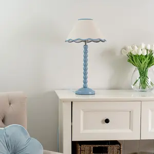 ValueLights Bobbles Powder Blue Bobbin Table Lamp with Blue Trim Scallop Shade - LED Bulb Included