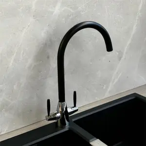 Liquida LC02BL Swan Neck Twin Lever Chrome and Black Kitchen Mixer Tap