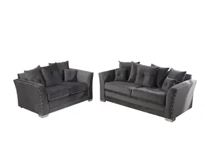 Elland Plush Velvet Grey Sofa Scatterback 3+2 Set