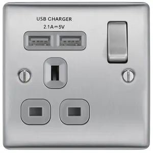 BG Brushed Steel Single 13A Raised slim Switched Screwed Socket with USB, x2 & Grey inserts