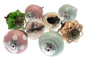 MangoTreeKnobs - Mixed Set of Green & Rose Pink Glass & Ceramic Cupboard Knobs x Pack 8 (MG-169)