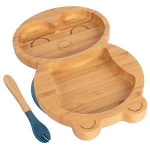 Bamboo Penguin Baby Weaning Plate & Fork Set - Navy Blue