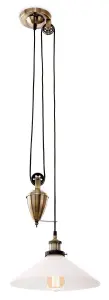 Luminosa Empire 1 Light Rise & Fall Dome Ceiling Pendant Antique Brass, Opal Glass, E27