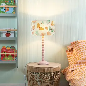 Rose Pink Bobbin Stem Table Lamp with Butterfly Drum Shade for Living Room Bedroom