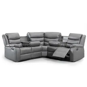 Minnesota Grey Leather Reclining Corner Sofa 5 Seater Manual Recliner Comfortable Padded Arms