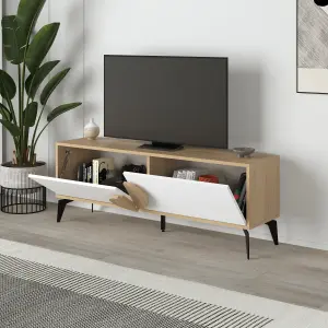 Decortie Gora Modern TV Unit Oak, White 140(W)cm with 2 Door Flap Stay Storage TV Cabinet Entertainment Metal Legs