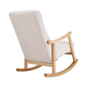 Upholstered Rocking Chair with Velvet Padded Seat Comfortable Rubberwood and High Back Armchair Beige for Living Room