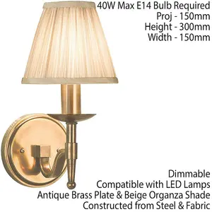 Avery Luxury Single Arm Wall Light Traditional Antique Brass & Beige Pleat Shade