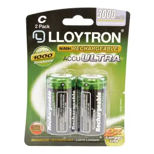 LLOYTRON NiMH Rechargeable AccuUltra Batteries C Size 3000mAh 2 Pack