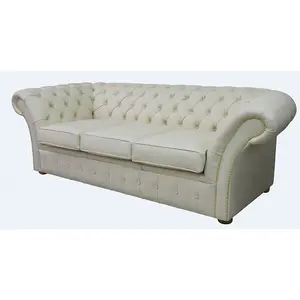 Chesterfield 3 Seater Cottonseed Cream Leather Sofa Bespoke In Balmoral Style