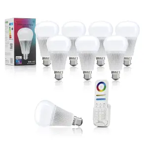 Auraglow 2.4Ghz RGB CCT Smart B22 LED Light Bulb - 70w EQV with 8 Zone Remote - 8 PACK