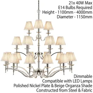 Avery Ceiling Pendant Chandelier Light 21 Lamp Bright Nickel & Beige Pleat Shade