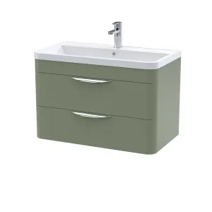 Wall Hung 2 Drawer Vanity Unit with Polymarble Basin - 800mm - Satin Green