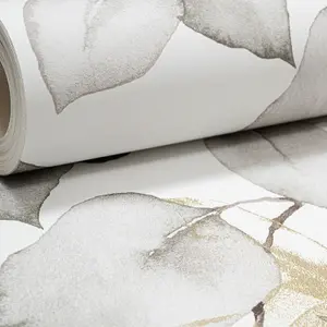 Grey Natural Floral Wallpaper White Gold Metallic Grey Eucalyptus Leaves Smooth