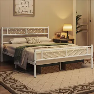 Minimalist Metal Slatted Bed Platform with Arrow Design Headboard White / Double (4'6)