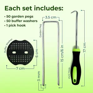 6 Inch Galvanized Weed Membrane Pegs with Buffer Washers - 50 Pack Rustproof Metal Garden Staples for Membranes & Netting