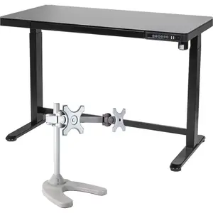 Large Black Electric Sit-Stand Desk with USB Ports and Twin Monitor Bracket