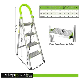 StepIt 4 Step Ladder 3 Year Warranty 150kg Capacity Portable Folding Aluminium Anti-Slip Grip Safety Ladders