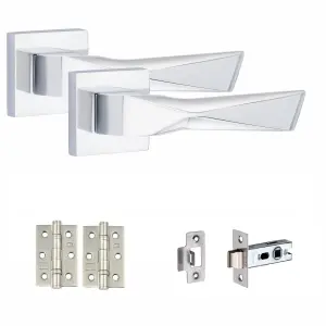 1 Pair Modern Aura Design Polished Chrome Premium Door Handles Square Rose 3" Ball Bearing Hinges and Tubular Latch - Golden Grace