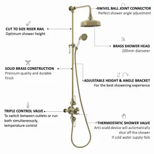 ENKI, Downton, SH0179, Shower Set With 2 Shower Head Outlets, Triple Thermostatic Shower Valve, Bronze & White Shower Tap