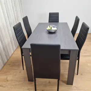 Dining Table and 6 Chairs  Black Dark Grey 6 Black Leather Chairs Wood Dining Set Furniture