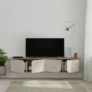 Decortie Spark Modern TV Unit Multimedia Centre with Storage Cabinet Dark Oak Gold Marble Effect 180cm Width