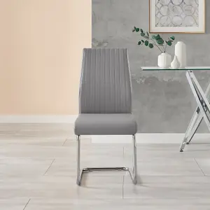 Set of 2 Lorenzo Elephant Grey High Back Stitched Soft Touch Faux Leather Chromed Cantilever Metal Leg Dining Chairs