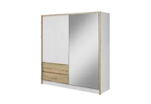 Sara Mirrored Wardrobe 2000mm with Drawers in White and Oak Artisan