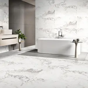 Verona Gloss White Marble Effect Porcelain Wall & Floor Tile - Pack of 16 Tiles, 11m² - (L)600(W)1200mm