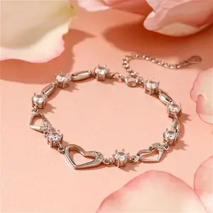 Trendy Sterling Silver Bracelet For Women With Heart Shaped Charm & Stones