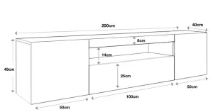 Furneo 200cm Long TV Stand Unit Cabinet Matt & High Gloss White Clifton08 White LED Lights