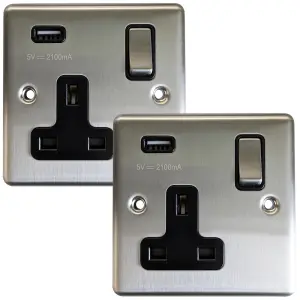 2 PACK - 1 Gang Single UK Plug Socket & 2.1A USB Satin Steel & Black Trim 13A Switched