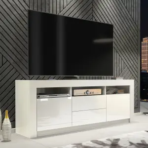 Modern TV Unit 160cm White with High Gloss Doors - Creative Furniture