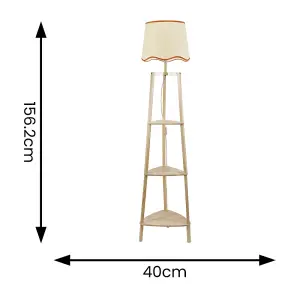 ValueLights Hiru 3 Tier Shelved Wooden Floor Lamp with Linen Rust Trim Scallop Tapered Shade and LED Bulb