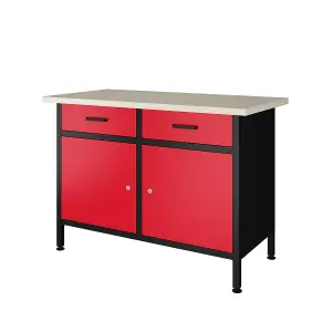 POLLOR 120L x 60W x 85H cm Steel Workbench Storage Cabinet Tool Drawers Garage Workshop Workstation Red & Black