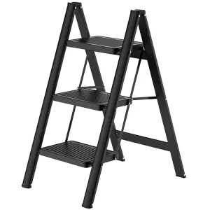 Black 3 Step Ladder Folding Metal Non Slip Stool Heavy Duty Carbon Steel