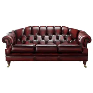 Chesterfield 3 Seater Sofa Settee Antique Oxblood Red Real Leather In Victoria Style