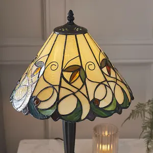 Small Tiffany Glass LED Table Lamp - Floral Design - Dark Bronze Finish