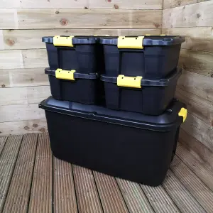 1 x 145L AND 4 x 24L Heavy Duty Trunks 1 on Wheels Sturdy, Lockable, Stackable and Nestable Design Storage Chest Clips in Black