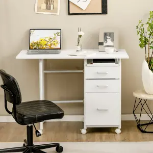 Costway Folding Computer Desk Wheeled PC Laptop Table Writing Workstation with 3 Drawers